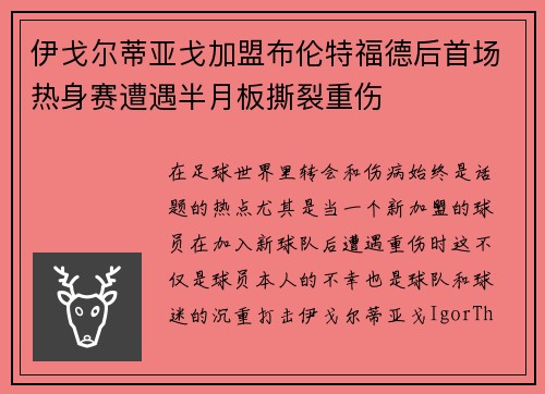 伊戈尔蒂亚戈加盟布伦特福德后首场热身赛遭遇半月板撕裂重伤
